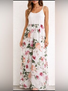 Forever 21 Floral Maxi Dress White Pink Boho Flowy Sleeveless Medium